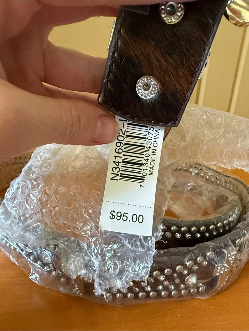 Nocona Hair-On Leather Western Belt – Rhinestone Studded – NWT